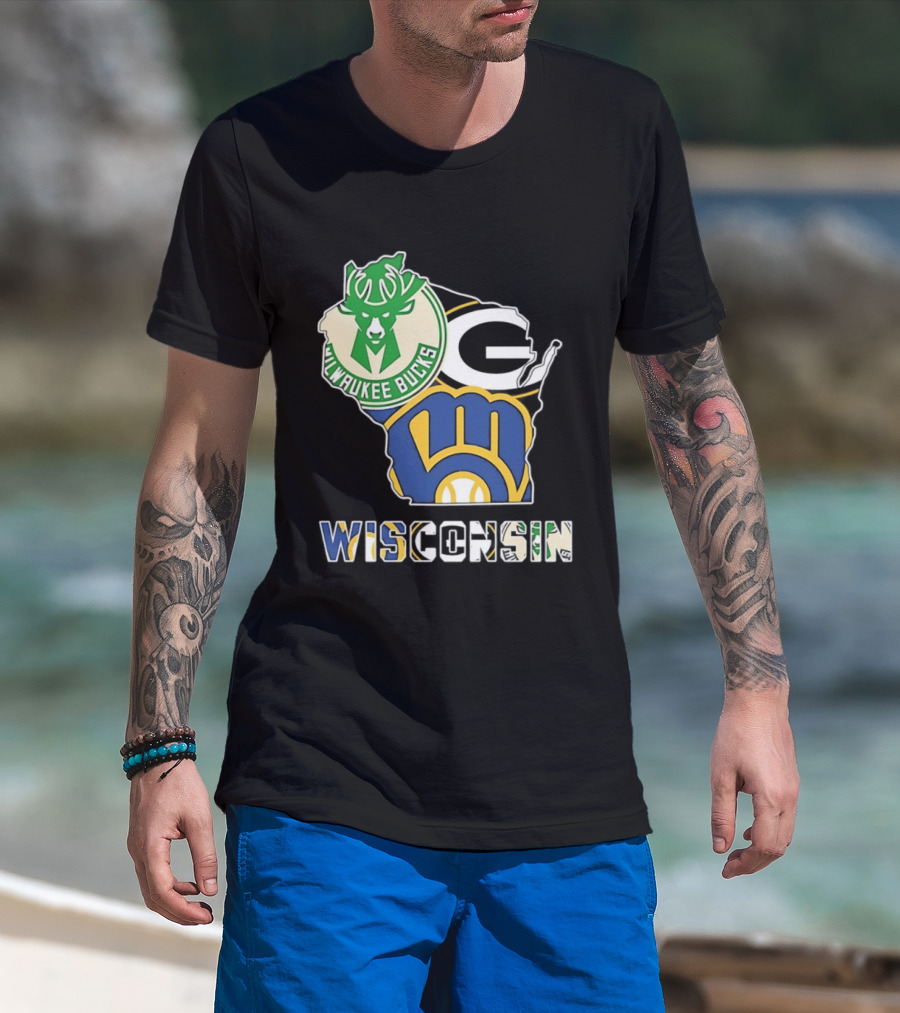 Milwaukee Bucks Green Bay Packers Milwaukee Brewers Wisconsin Map T-Shirt