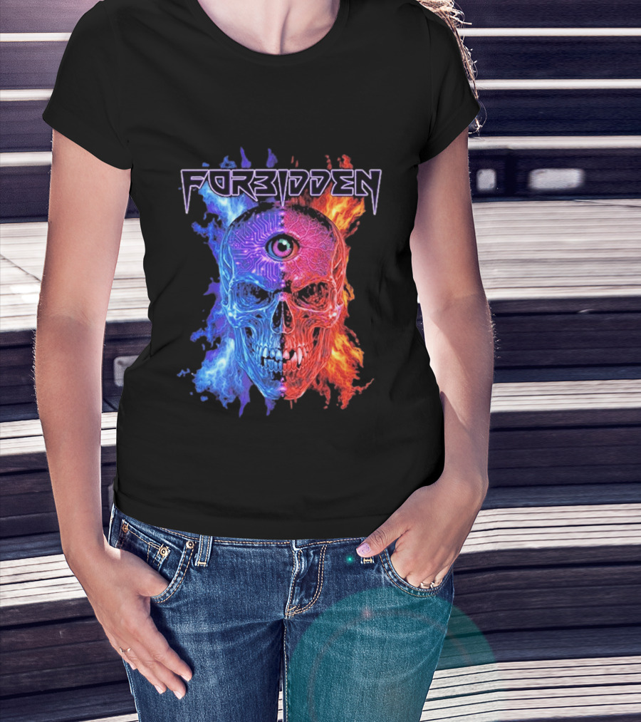 FORBIDDEN Skull Eye Flames Blue Red Fusion T-Shirt