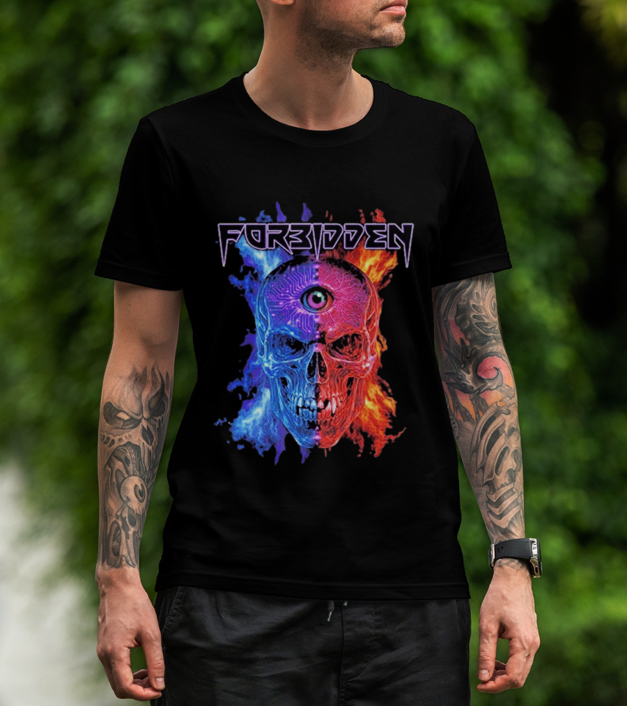 FORBIDDEN Skull Eye Flames Blue Red Fusion T-Shirt