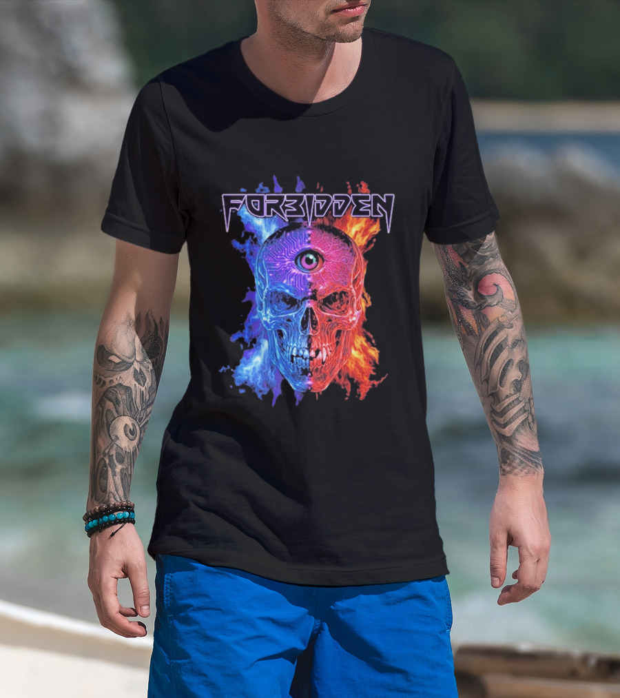 FORBIDDEN Skull Eye Flames Blue Red Fusion T-Shirt