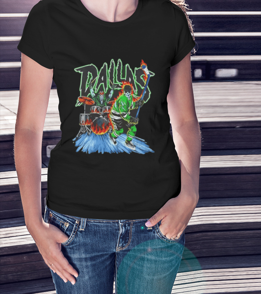 Dallas Stars Skeleton Hockey Fire With Drummer T-Shirt