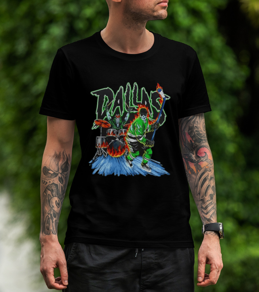 Dallas Stars Skeleton Hockey Fire With Drummer T-Shirt