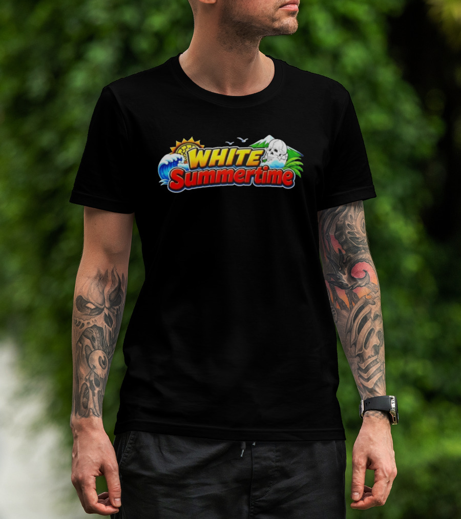 White Summertime Skull Ocean Beach Sun Palm Birds T-Shirt