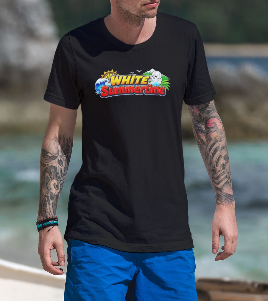 White Summertime Skull Ocean Beach Sun Palm Birds T-Shirt