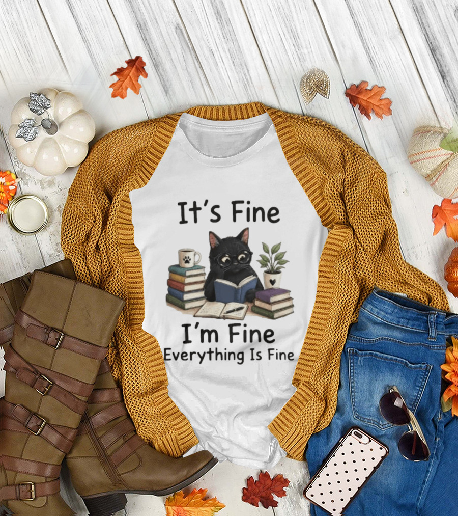 Black Cat Reading Books It's Fine I'm Fine Everything Is Fine Coffee Plant T-Shirt