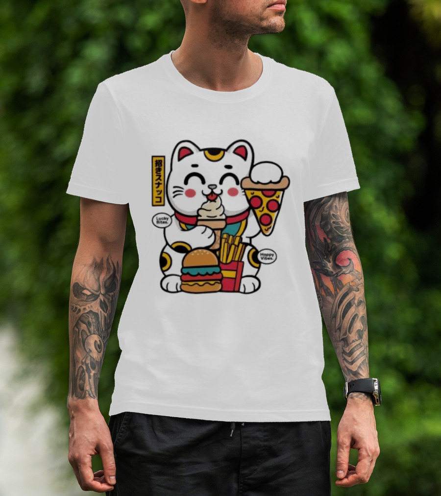 Lucky Bites Happy Vibes Maneki Neko Cat Ice Cream Pizza Burger Fries T-Shirt