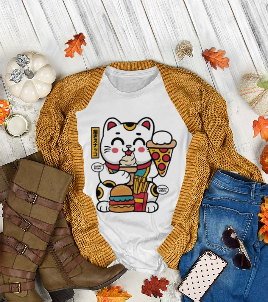 Lucky Bites Happy Vibes Maneki Neko Cat Ice Cream Pizza Burger Fries T-Shirt