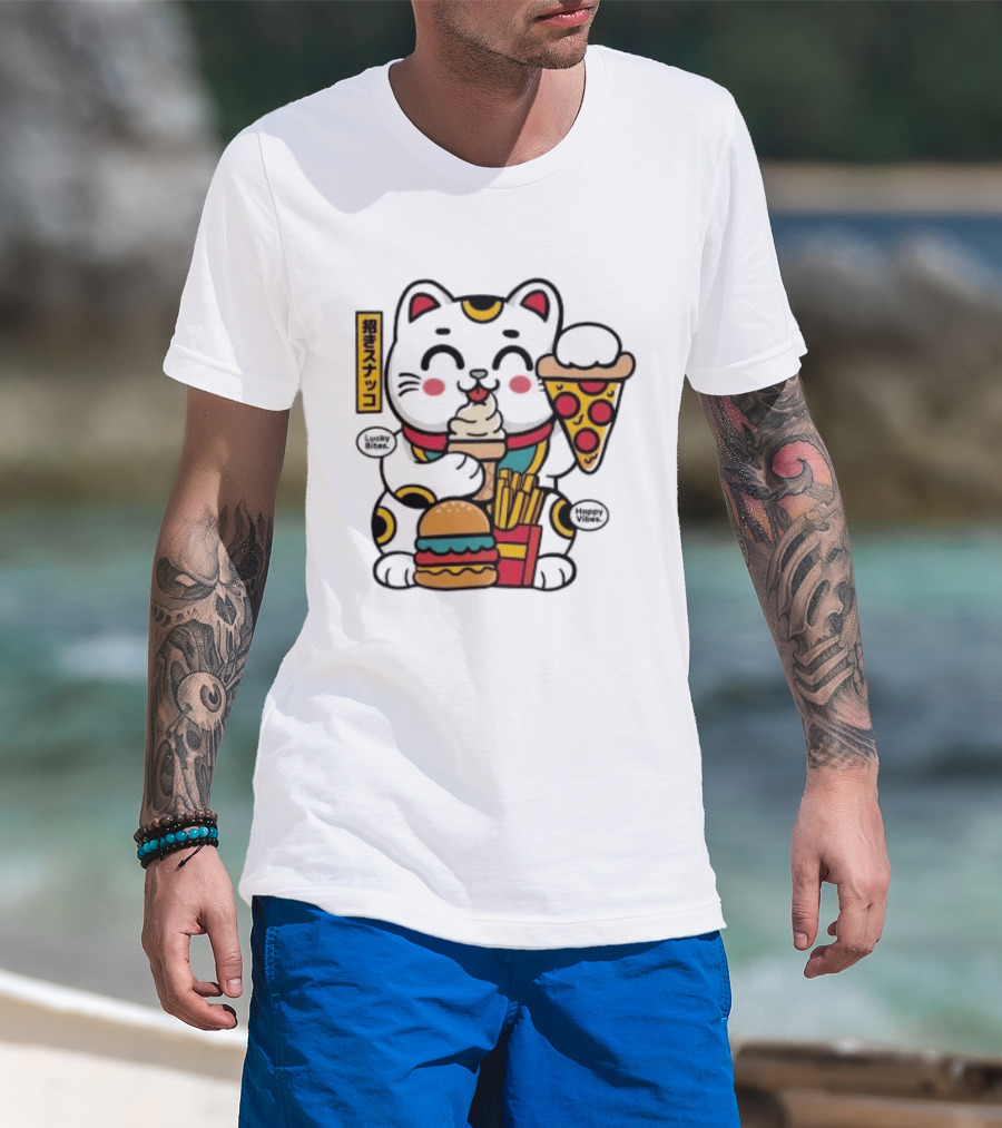 Lucky Bites Happy Vibes Maneki Neko Cat Ice Cream Pizza Burger Fries T-Shirt