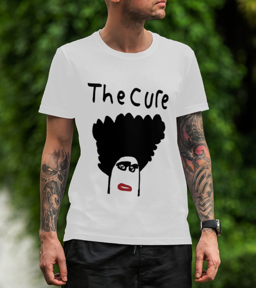 The Cure Hand Drawn Robert Smith Bold Hair Red Lips Black Glasses T-Shirt
