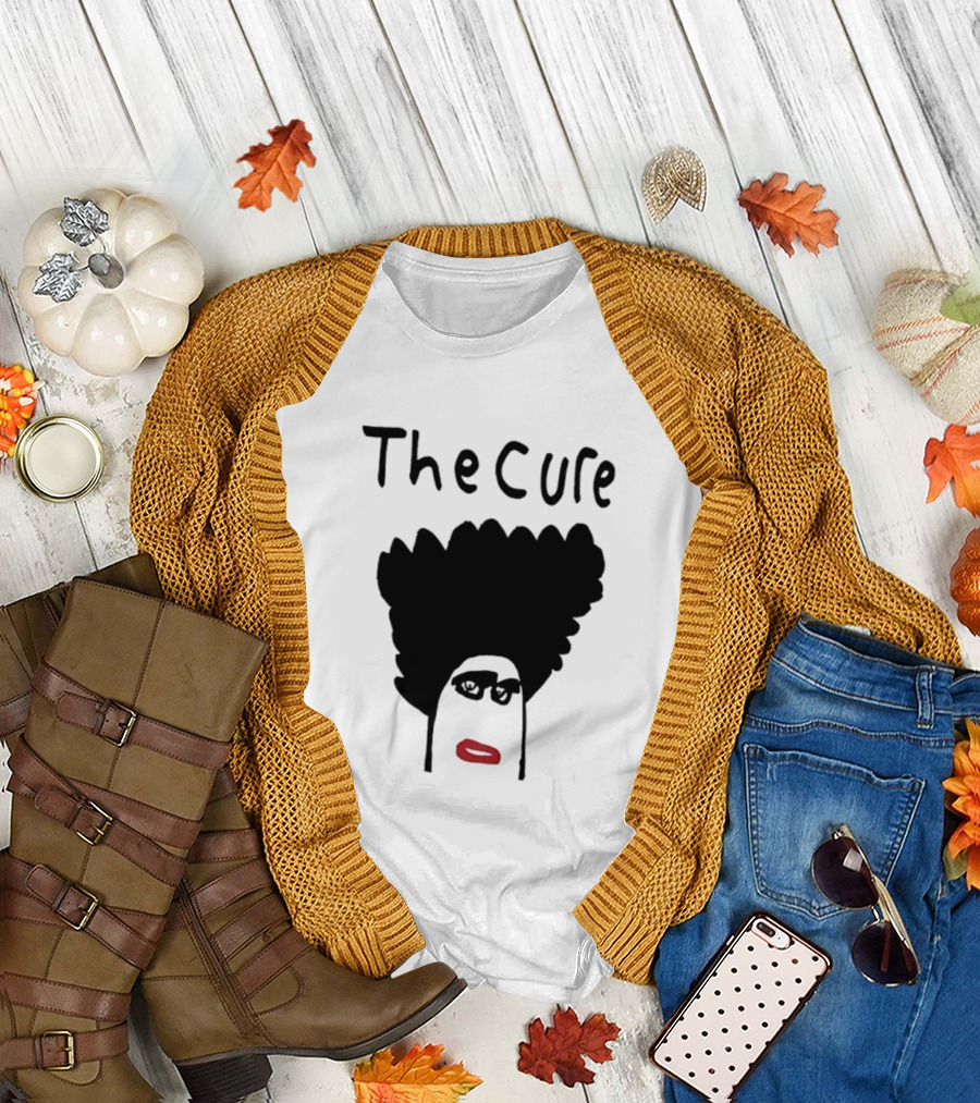 The Cure Hand Drawn Robert Smith Bold Hair Red Lips Black Glasses T-Shirt