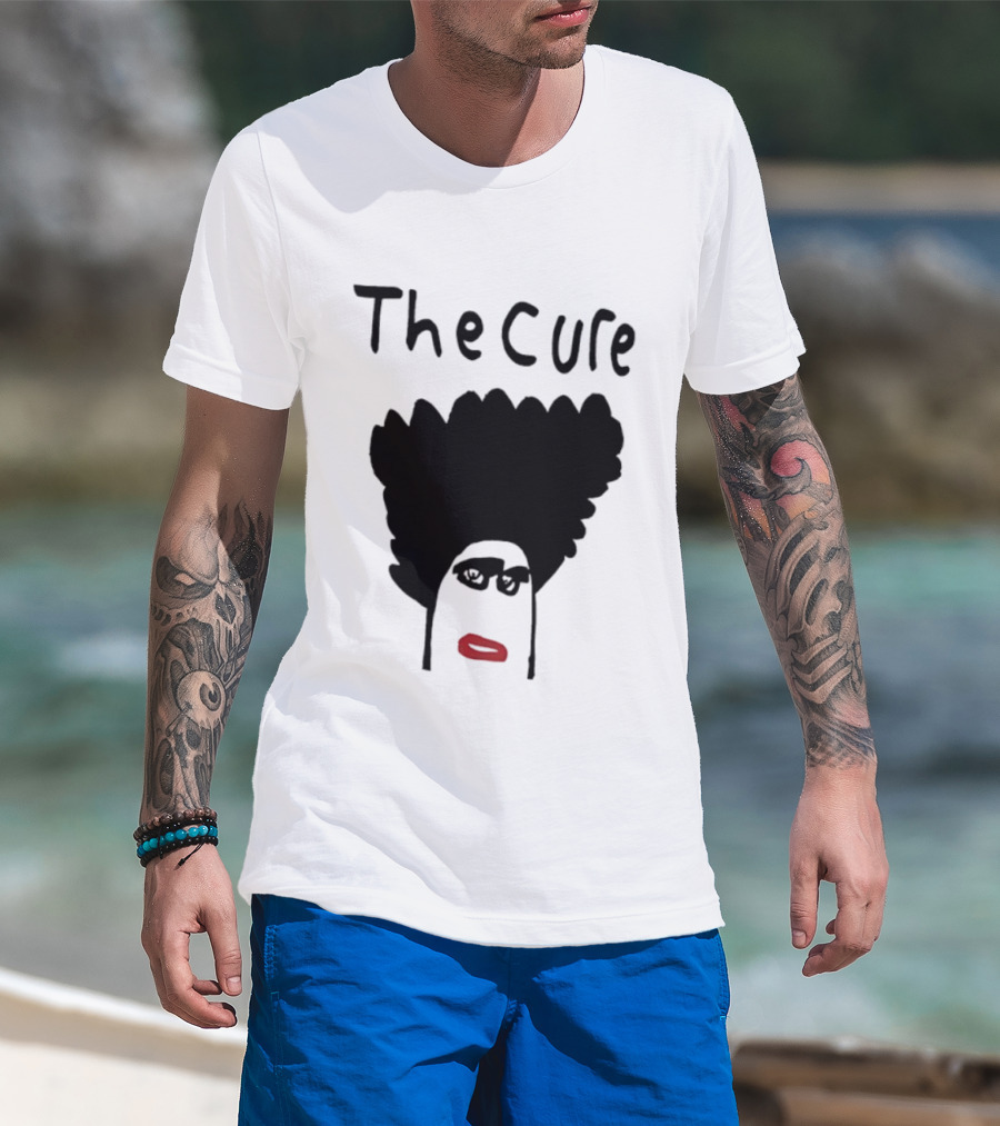 The Cure Hand Drawn Robert Smith Bold Hair Red Lips Black Glasses T-Shirt