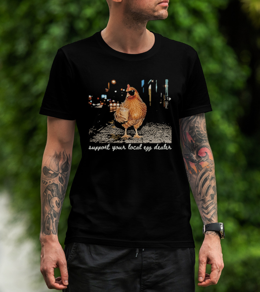 Chicken Drinking Iced Coffee Support Your Local Egg Dealer T-Shirt