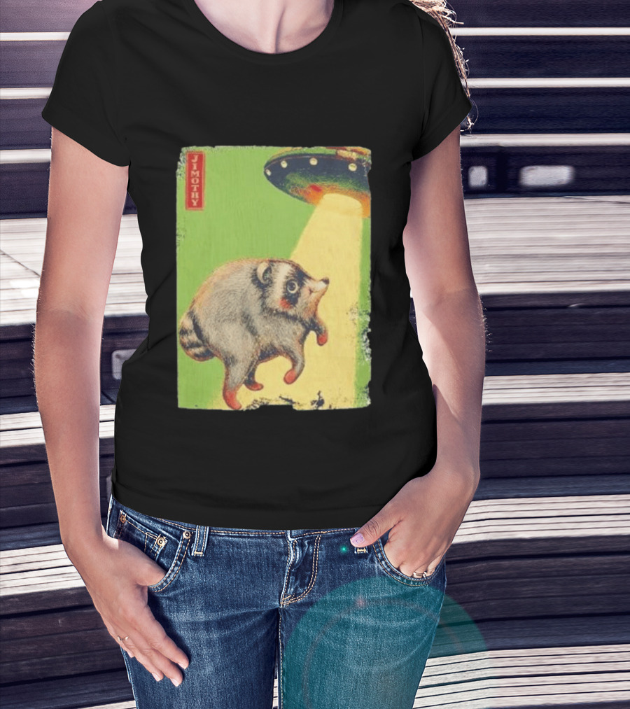 Jimothy Raccoon Abducted By UFO Alien Beam On Green T-Shirt