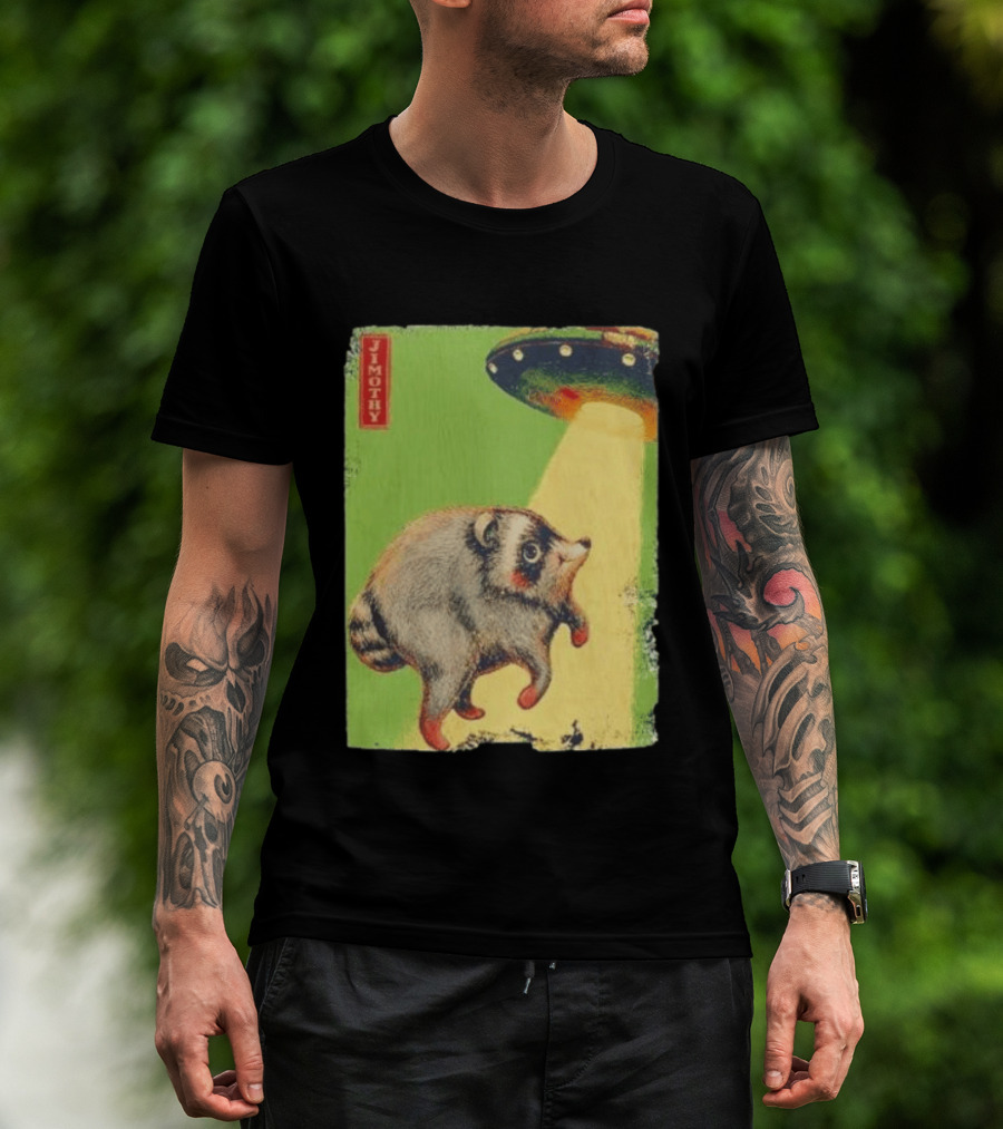 Jimothy Raccoon Abducted By UFO Alien Beam On Green T-Shirt
