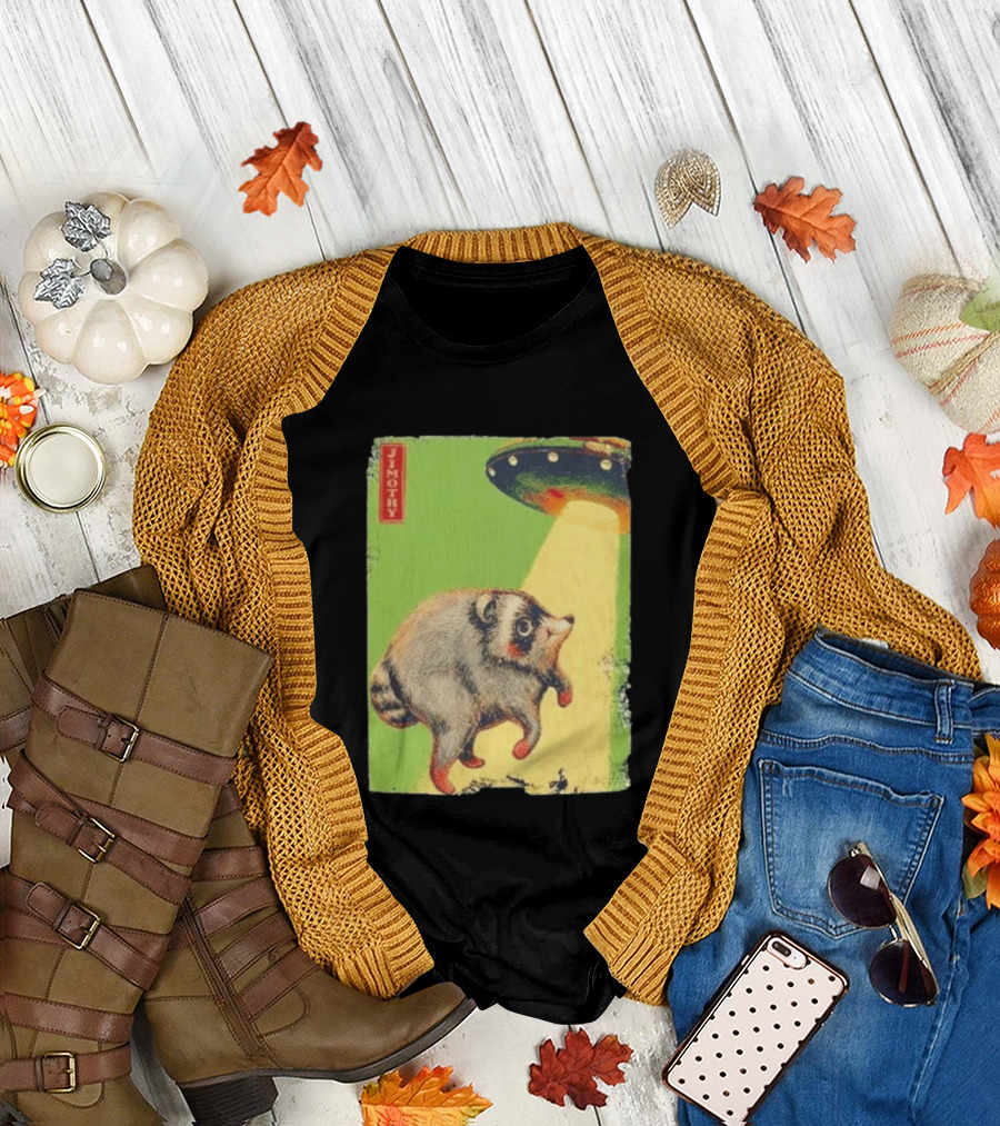 Jimothy Raccoon Abducted By UFO Alien Beam On Green T-Shirt