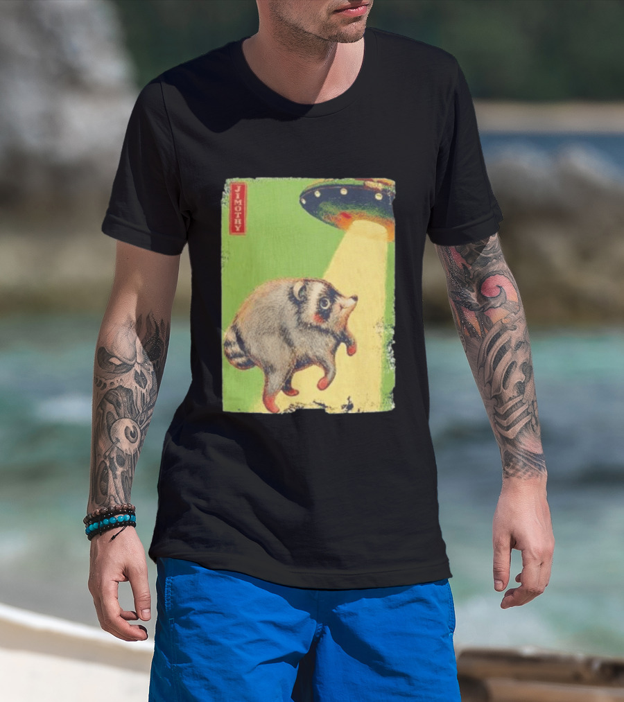 Jimothy Raccoon Abducted By UFO Alien Beam On Green T-Shirt
