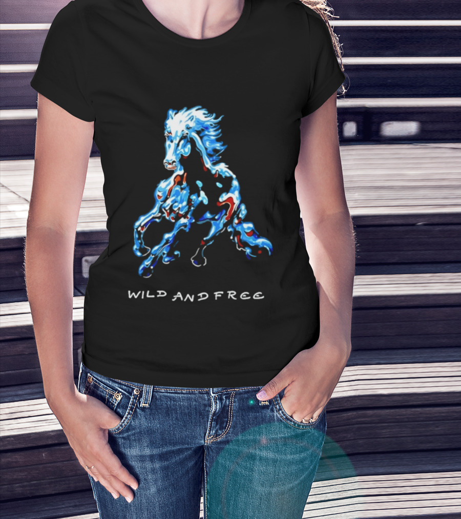 Wild Horse Wild And Free Blue Red Watercolor T-Shirt