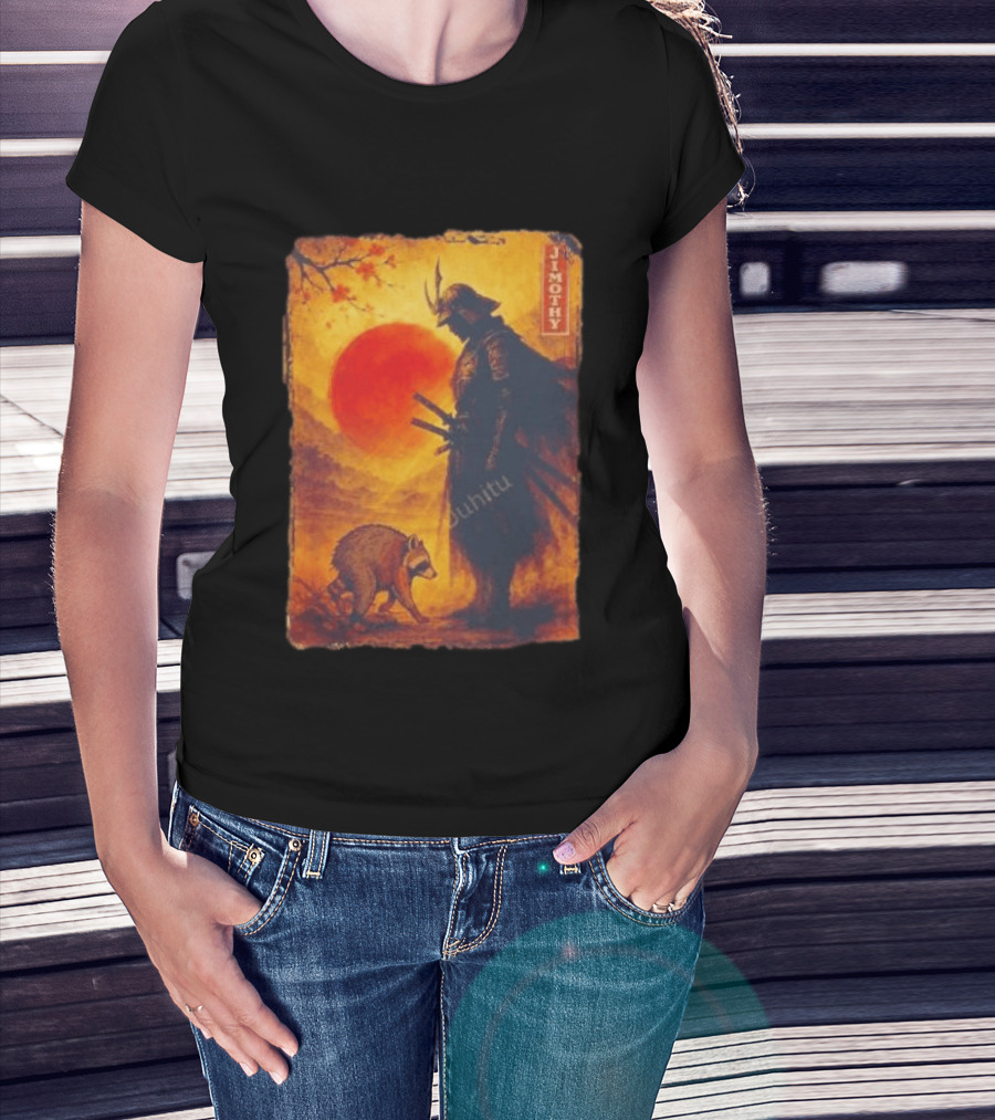 Jimothy Samurai Warrior And Raccoon Japanese Sunset T-Shirt