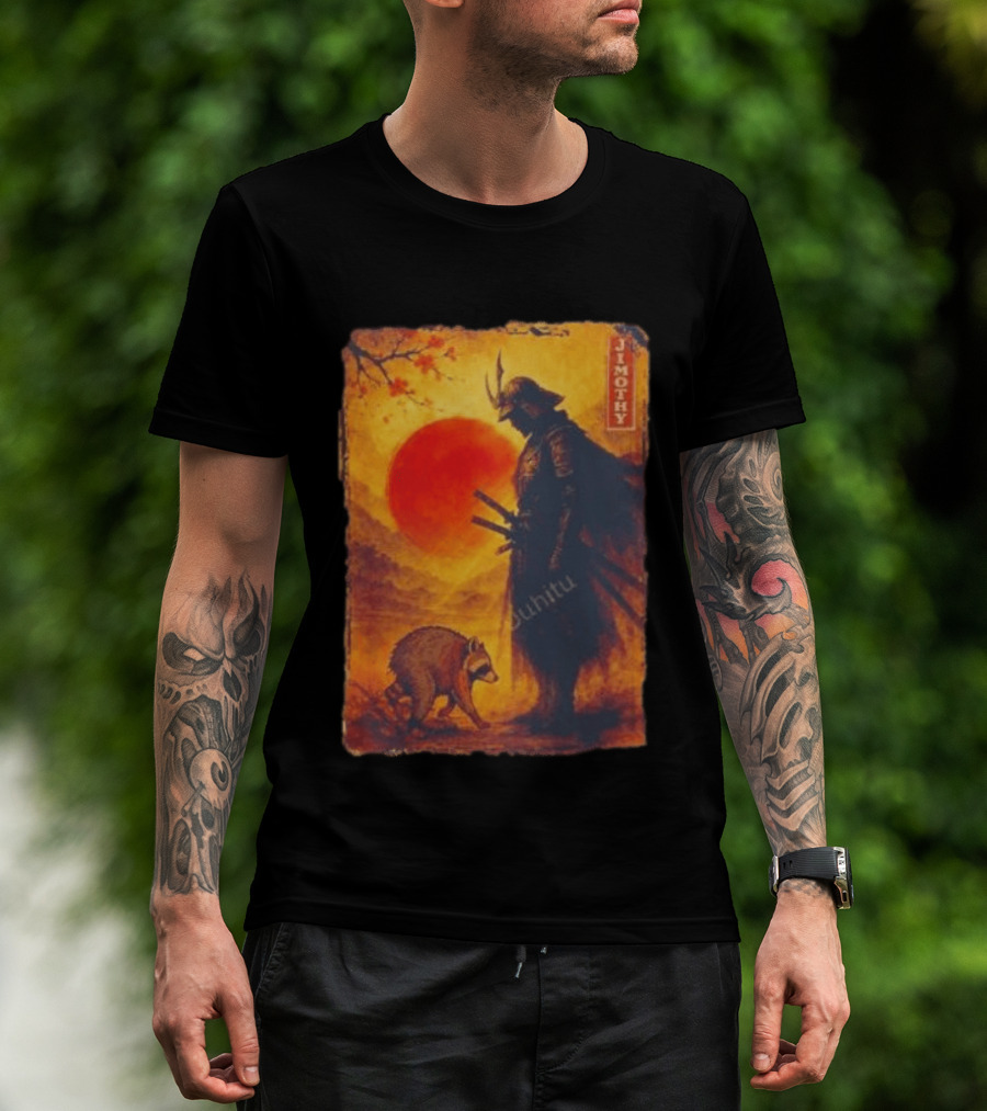 Jimothy Samurai Warrior And Raccoon Japanese Sunset T-Shirt
