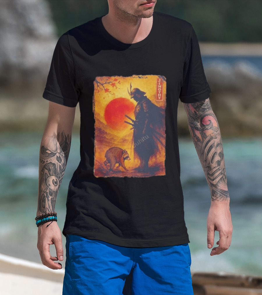 Jimothy Samurai Warrior And Raccoon Japanese Sunset T-Shirt