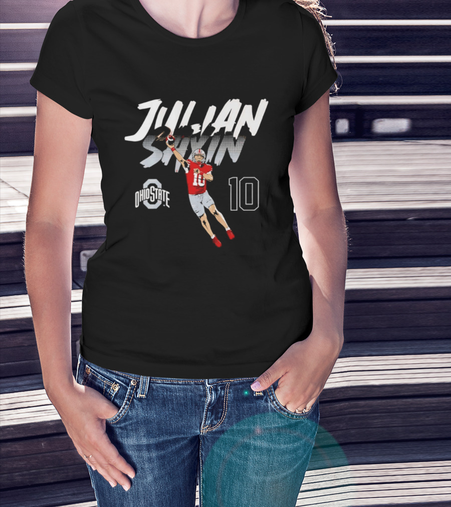 Julian Sayin Ohio State Buckeyes Number 10 Football Player Action Pose T-Shirt
