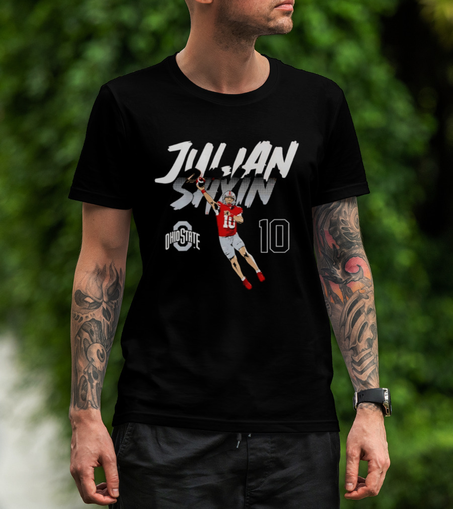 Julian Sayin Ohio State Buckeyes Number 10 Football Player Action Pose T-Shirt