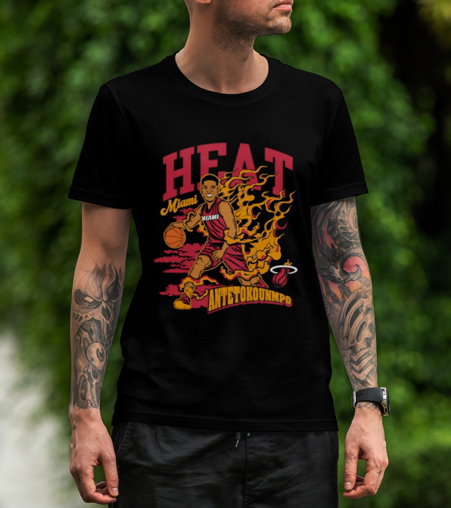 Miami Heat Giannis Antetokounmpo Basketball Caricature With Flames T-Shirt