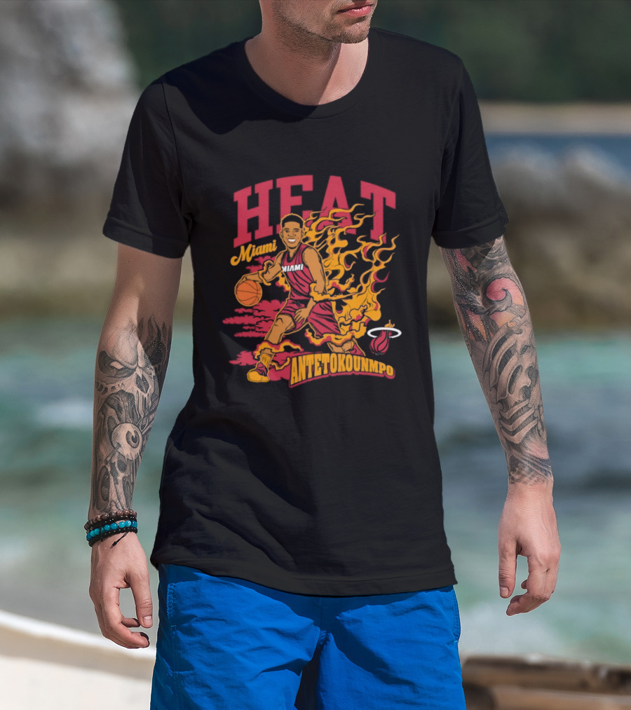 Miami Heat Giannis Antetokounmpo Basketball Caricature With Flames T-Shirt