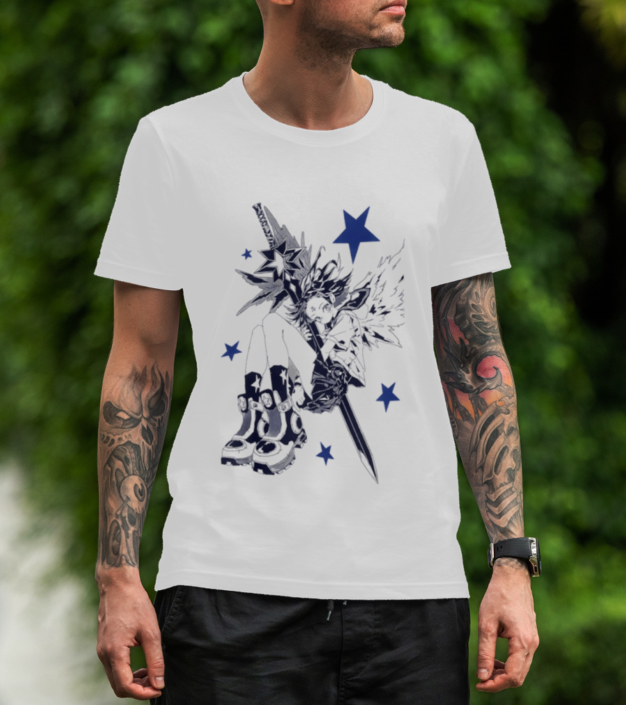 Arkestar Anime Girl Sword Wings Blue Stars T-Shirt