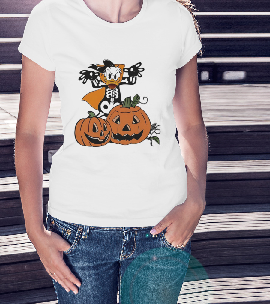 Donald Duck Skeleton Costume With Pumpkins Disney Halloween T-Shirt