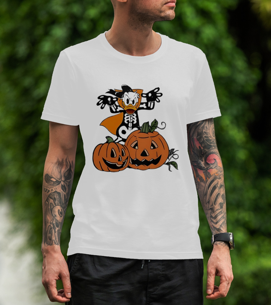 Donald Duck Skeleton Costume With Pumpkins Disney Halloween T-Shirt