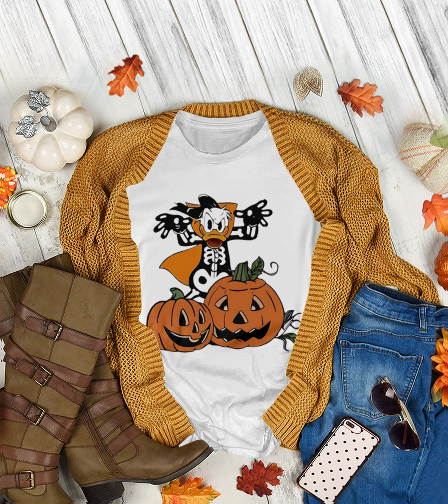 Donald Duck Skeleton Costume With Pumpkins Disney Halloween T-Shirt