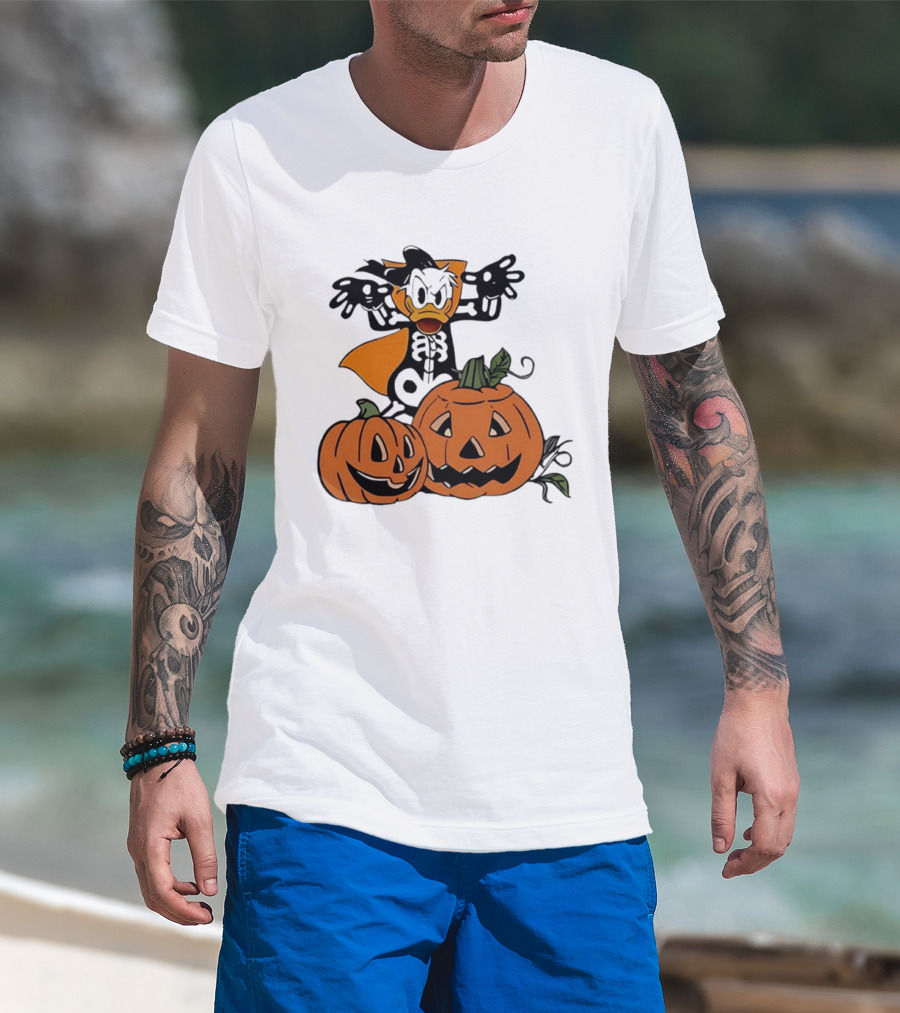 Donald Duck Skeleton Costume With Pumpkins Disney Halloween T-Shirt