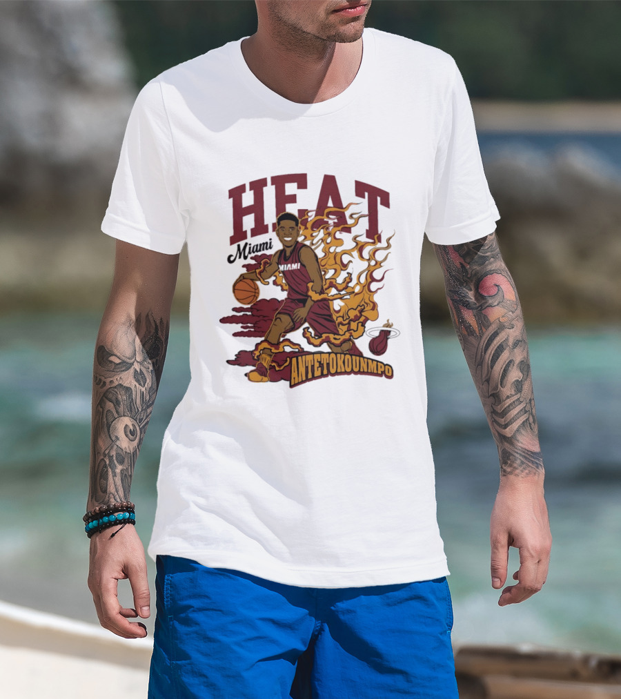 Miami Heat Antetokounmpo Basketball Flame Comic T-Shirt