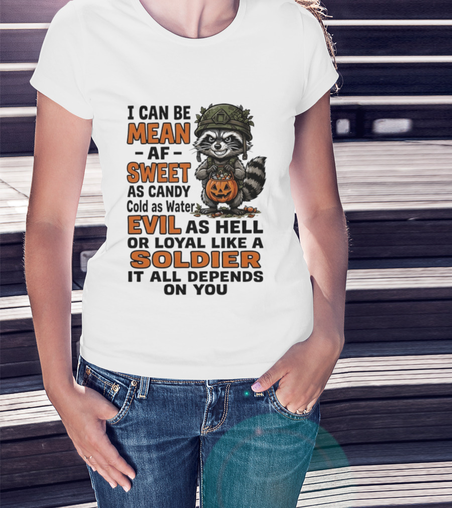 Raccoon I Can Be Mean AF Sweet As Candy Cold As Water Evil As Hell Or Loyal Like A Soldier It All Depends On You T-Shirt