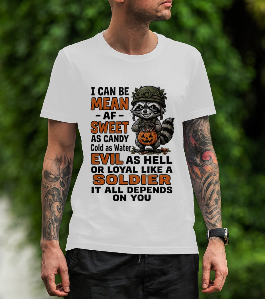Raccoon I Can Be Mean AF Sweet As Candy Cold As Water Evil As Hell Or Loyal Like A Soldier It All Depends On You T-Shirt