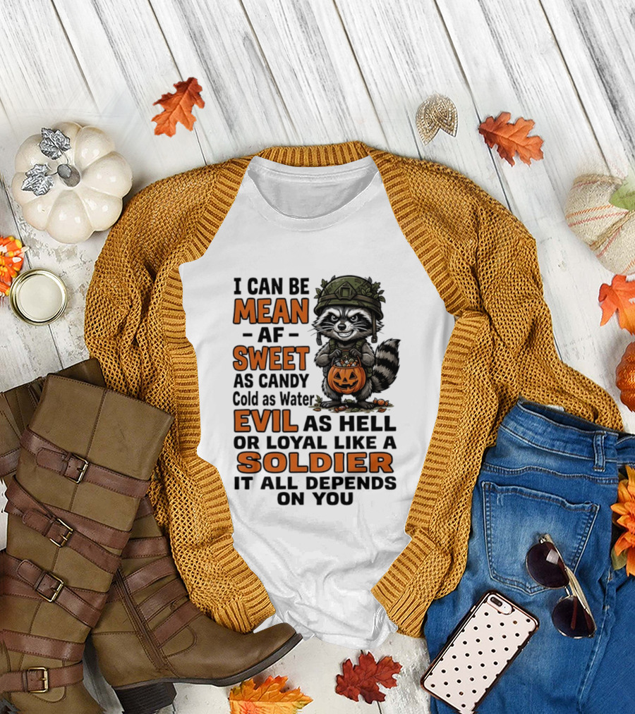 Raccoon I Can Be Mean AF Sweet As Candy Cold As Water Evil As Hell Or Loyal Like A Soldier It All Depends On You T-Shirt
