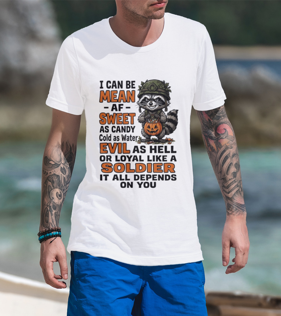 Raccoon I Can Be Mean AF Sweet As Candy Cold As Water Evil As Hell Or Loyal Like A Soldier It All Depends On You T-Shirt