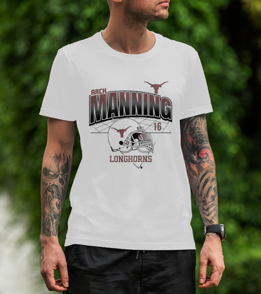 Texas Longhorns Arch Manning 16 Football Helmet Grid T-Shirt