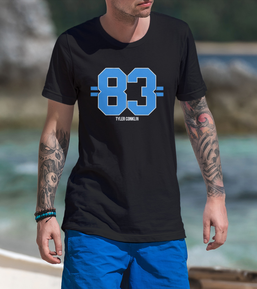 Tyler Conklin 83 Blue Stripe Detroit Lions Number T-Shirt