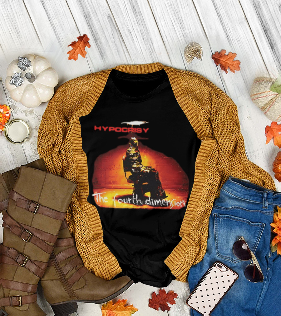 Hypocrisy The Fourth Dimension Red Text And Seated Figure T-Shirt
