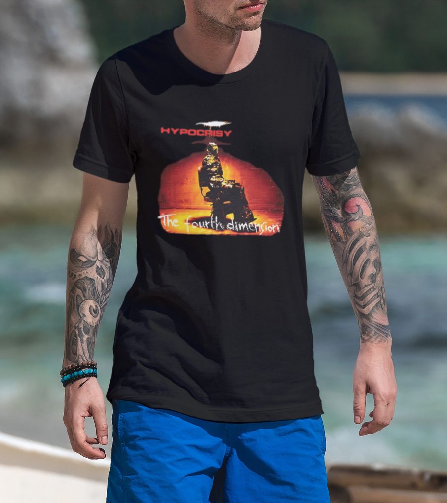 Hypocrisy The Fourth Dimension Red Text And Seated Figure T-Shirt