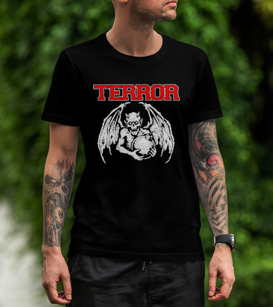 Terror Red Lettering Demon With Wings Holding Bomb T-Shirt
