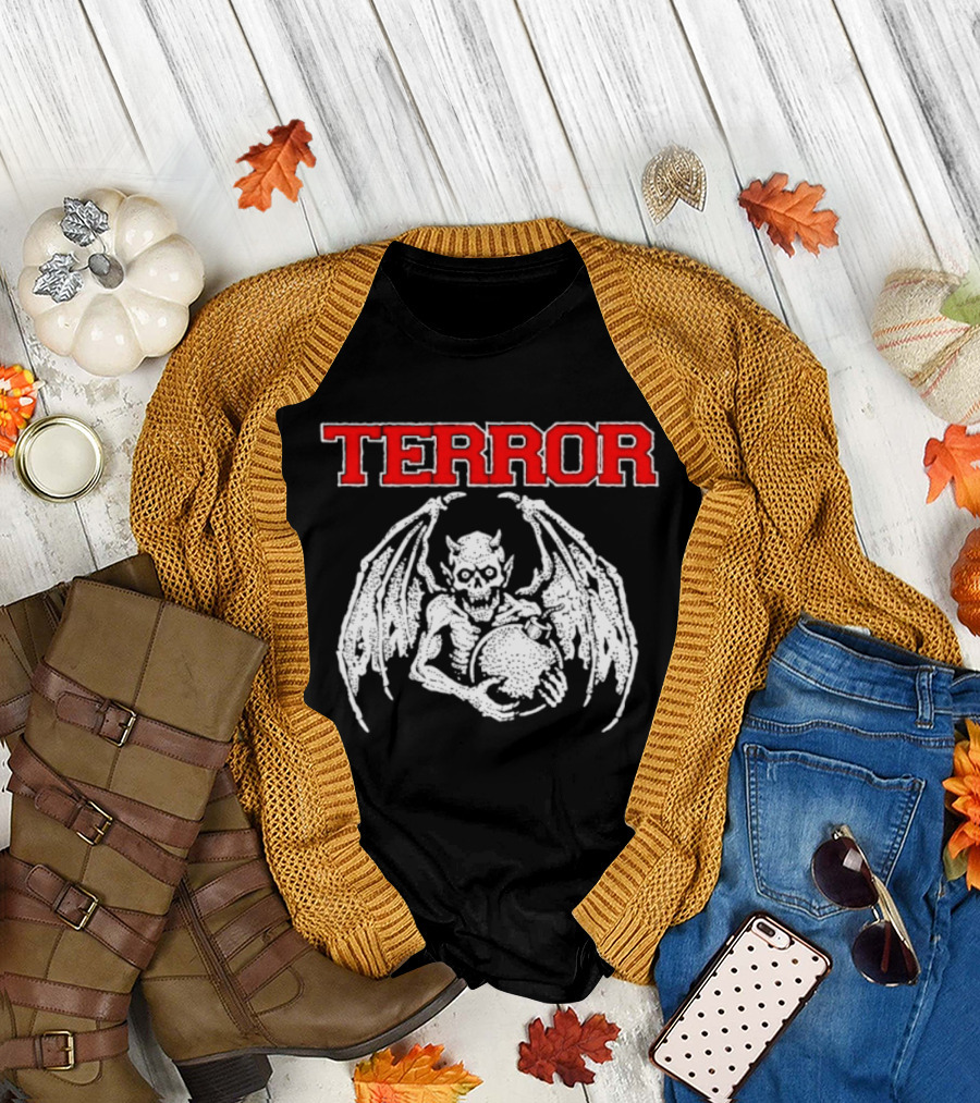 Terror Red Lettering Demon With Wings Holding Bomb T-Shirt