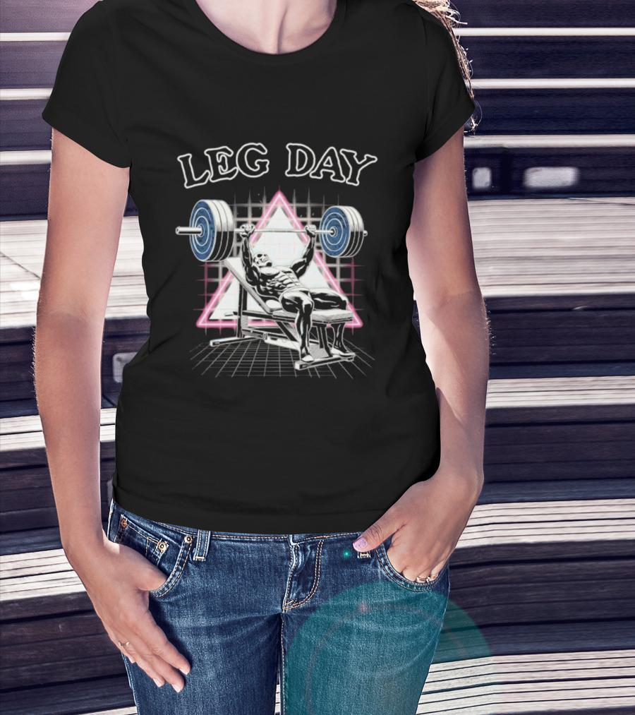 Leg Day Skeleton Weightlifting Gym Bodybuilding 80s Aesthetic Neon Triangle T-Shirt