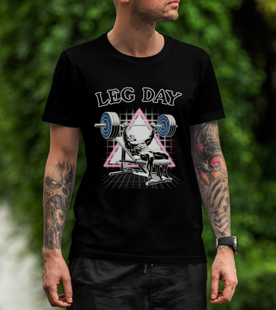 Leg Day Skeleton Weightlifting Gym Bodybuilding 80s Aesthetic Neon Triangle T-Shirt