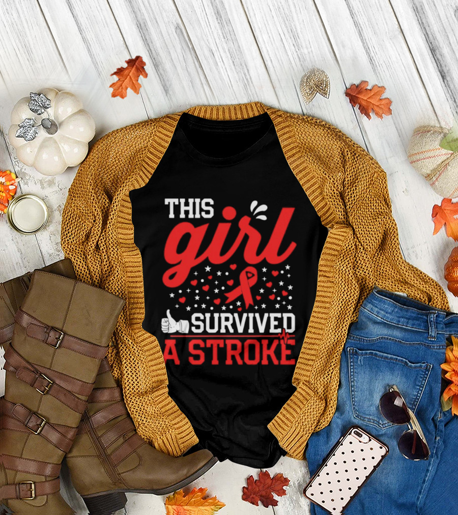 This Girl Survived A Stroke Red Ribbon Heart Stars And Thumbs Up T-Shirt