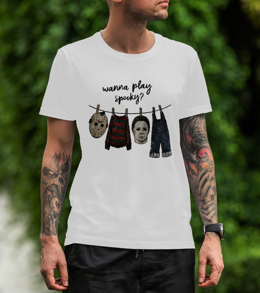 Wanna Play Spooky Halloween Horror Mask And Costume References T-Shirt