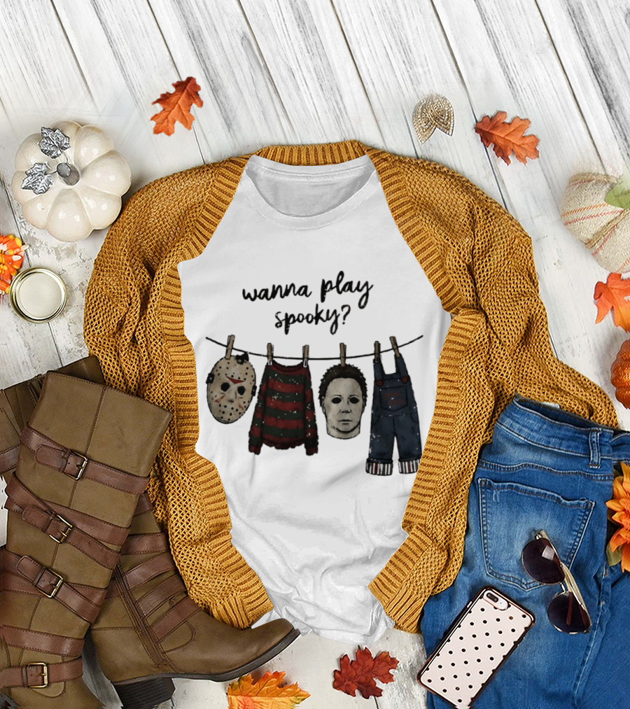 Wanna Play Spooky Halloween Horror Mask And Costume References T-Shirt