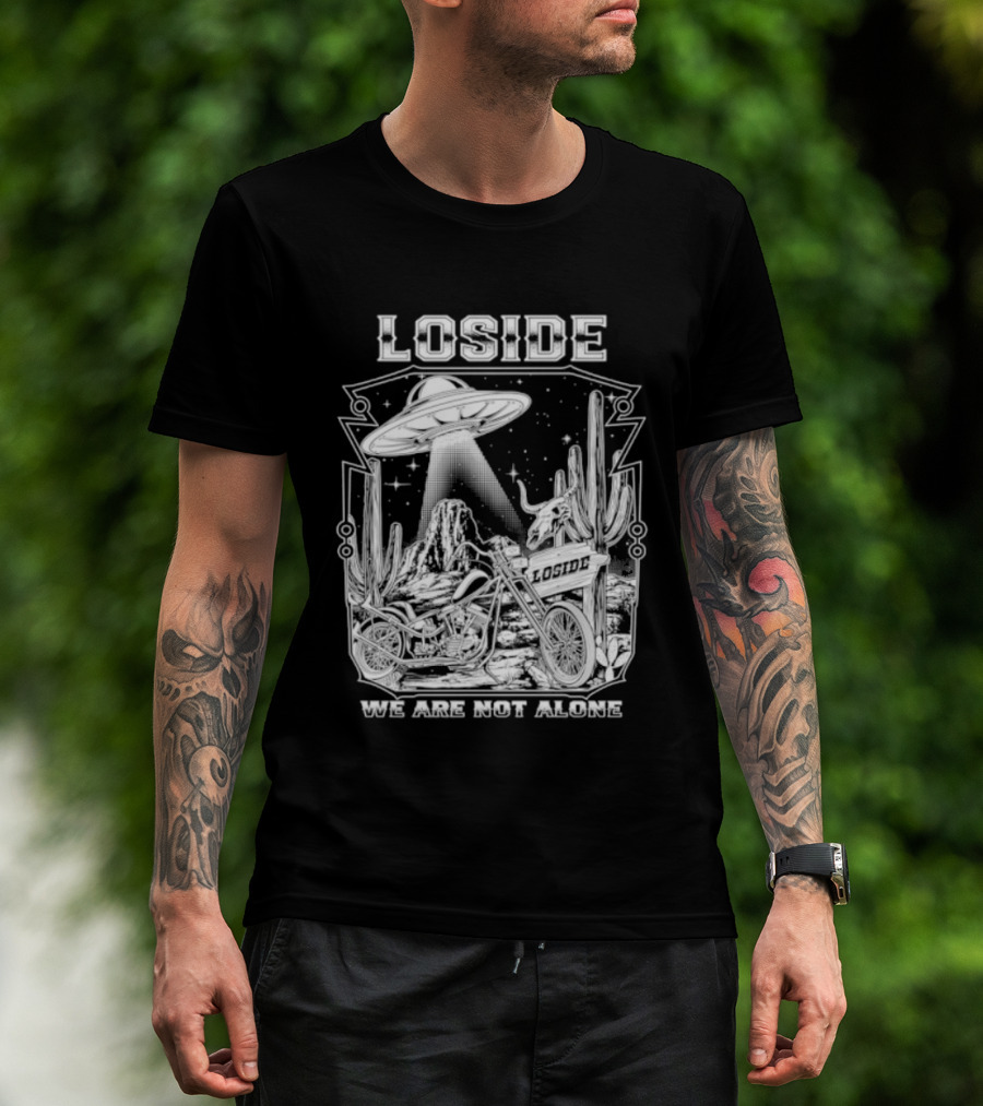 Loside We Are Not Alone UFO Motorcycle Desert Scene Cactus Stars T-Shirt